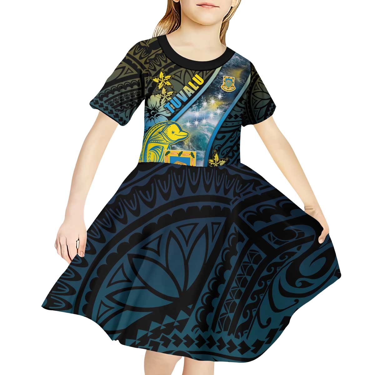 Personalised Tuvalu Kid Short Sleeve Dress Dolphin On The Waves DT05 - Polynesian Pride