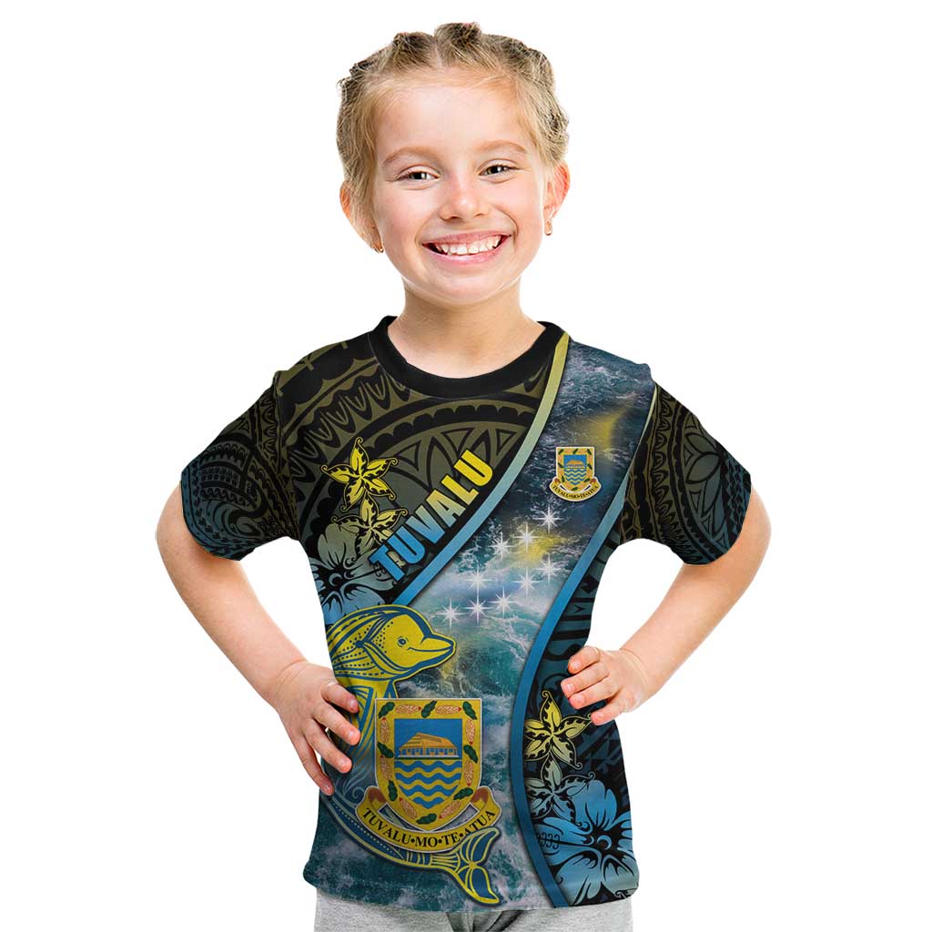 Personalised Tuvalu Kid T Shirt Dolphin On The Waves DT05 Blue - Polynesian Pride