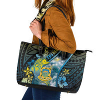 Tuvalu Leather Tote Bag Dolphin On The Waves DT05 Blue - Polynesian Pride