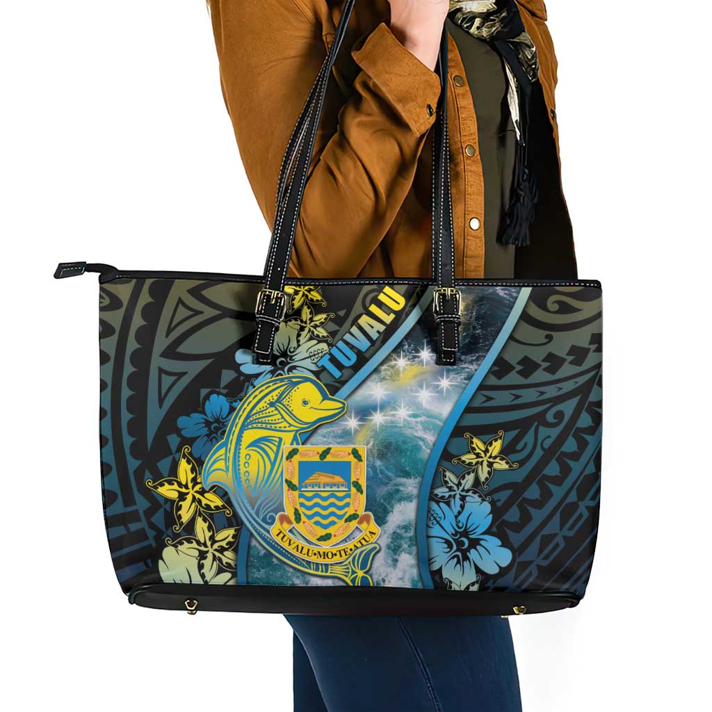 Tuvalu Leather Tote Bag Dolphin On The Waves DT05 - Polynesian Pride