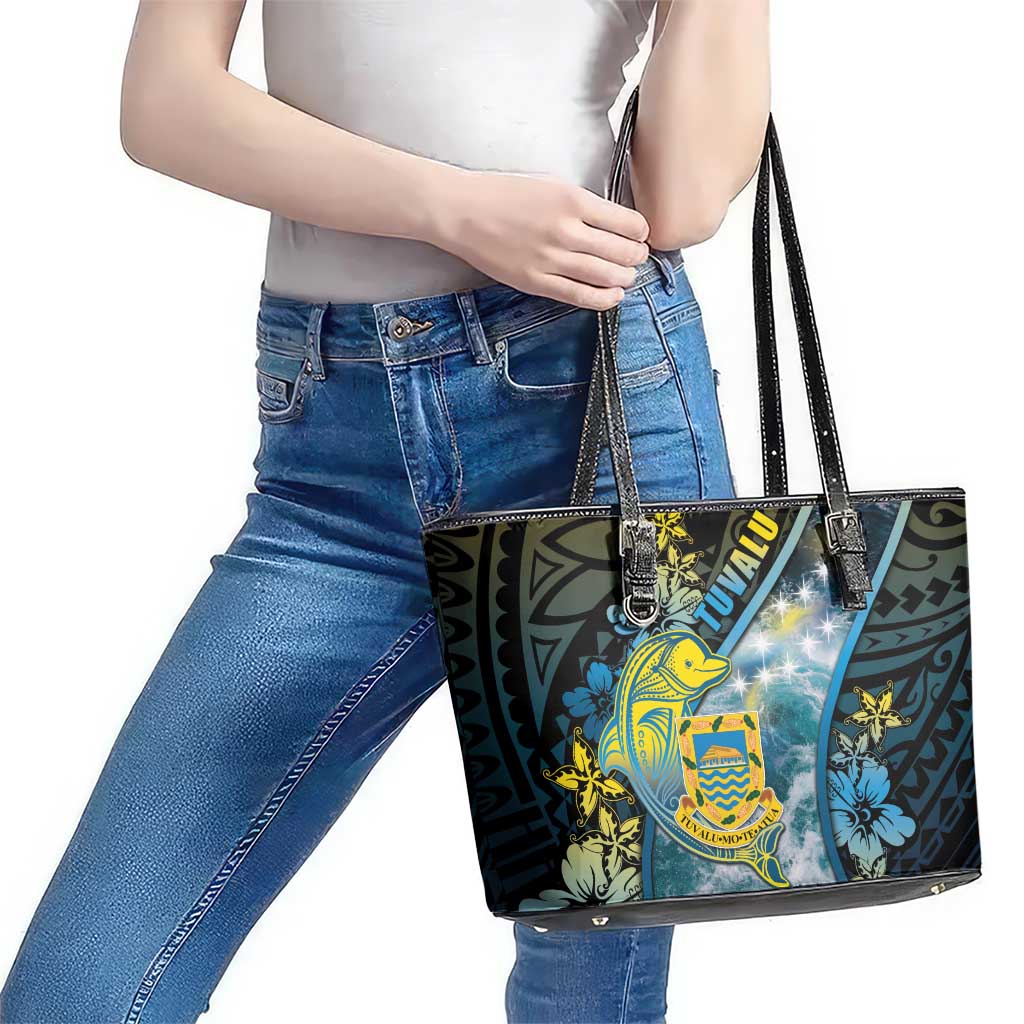 Tuvalu Leather Tote Bag Dolphin On The Waves DT05 - Polynesian Pride