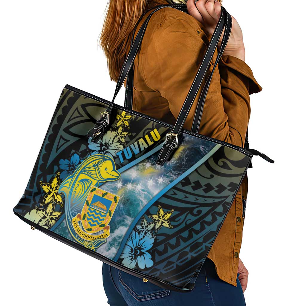 Tuvalu Leather Tote Bag Dolphin On The Waves DT05 - Polynesian Pride