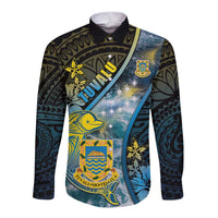 Personalised Tuvalu Long Sleeve Button Shirt Dolphin On The Waves DT05 Unisex Blue - Polynesian Pride