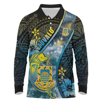 Personalised Tuvalu Long Sleeve Polo Shirt Dolphin On The Waves DT05 Blue - Polynesian Pride