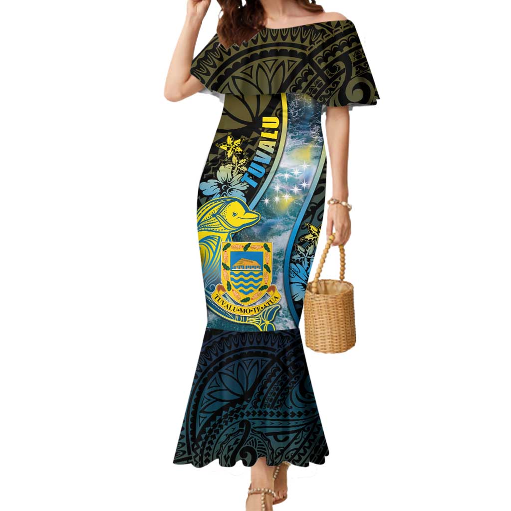 Personalised Tuvalu Mermaid Dress Dolphin On The Waves DT05 Women Blue - Polynesian Pride