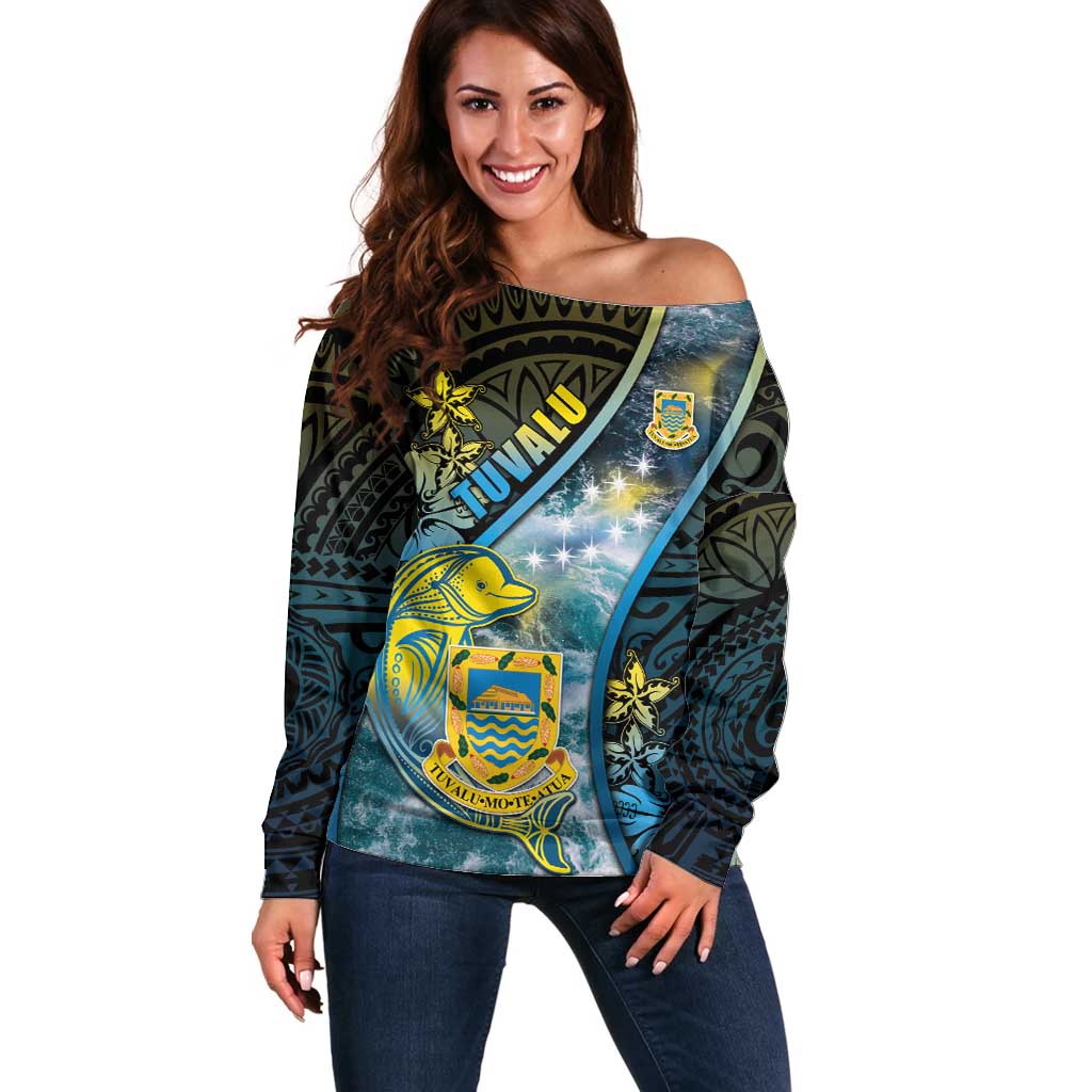 Personalised Tuvalu Off Shoulder Sweater Dolphin On The Waves DT05 Women Blue - Polynesian Pride