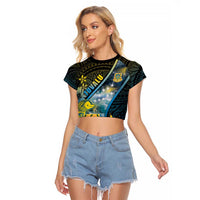 Personalised Tuvalu Raglan Cropped T Shirt Dolphin On The Waves DT05 Female Blue - Polynesian Pride