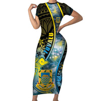 Personalised Tuvalu Short Sleeve Bodycon Dress Dolphin On The Waves DT05 Long Dress Blue - Polynesian Pride
