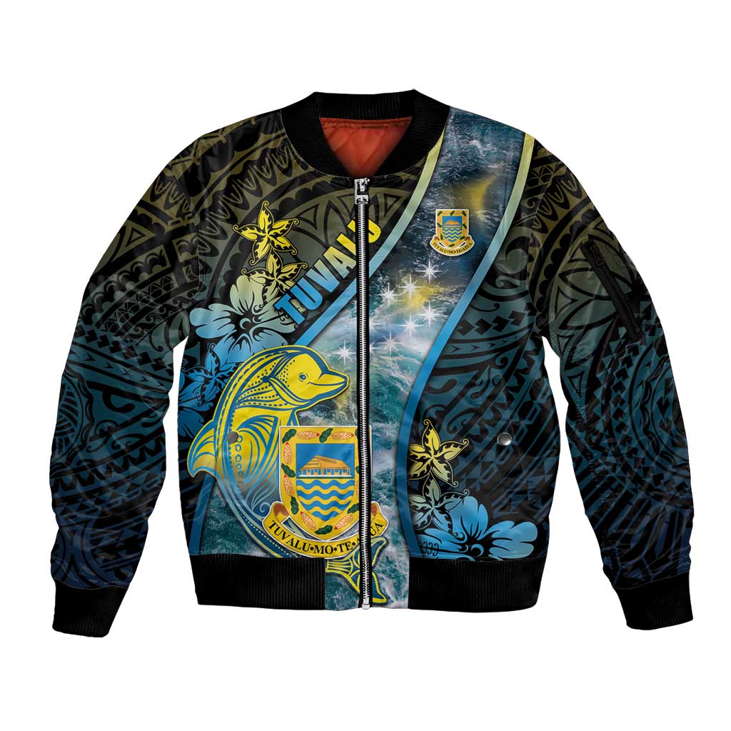 Personalised Tuvalu Sleeve Zip Bomber Jacket Dolphin On The Waves DT05 Unisex Blue - Polynesian Pride