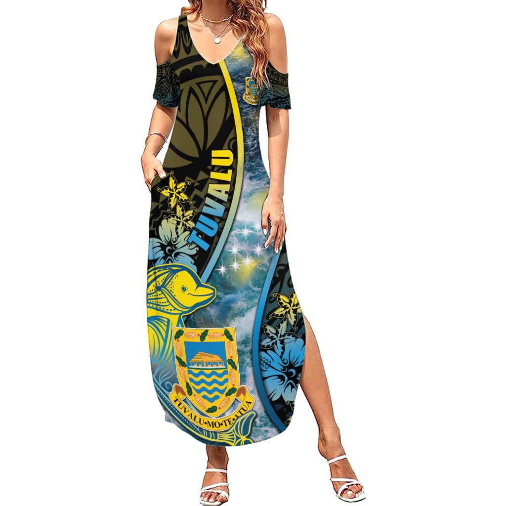 Personalised Tuvalu Summer Maxi Dress Dolphin On The Waves DT05 Women Blue - Polynesian Pride