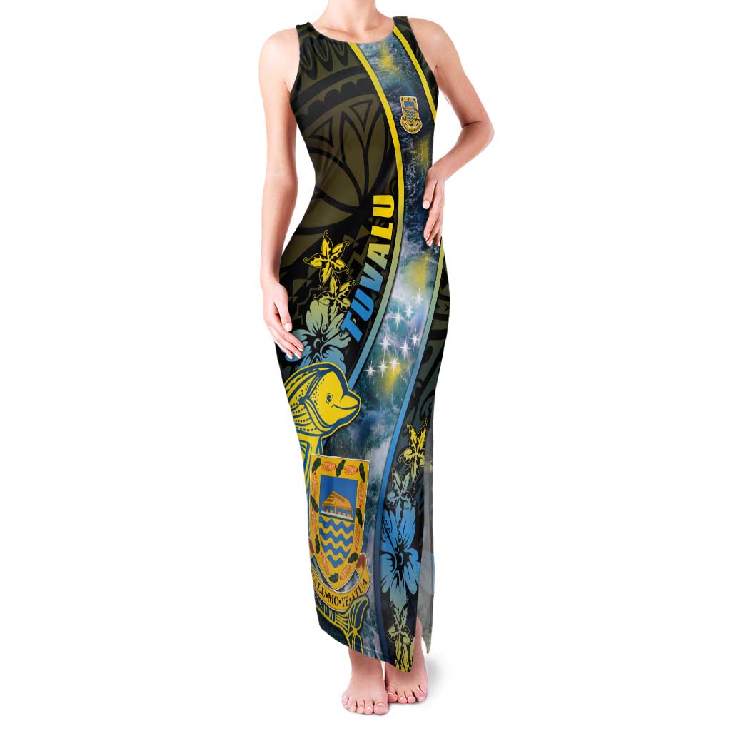 Personalised Tuvalu Tank Maxi Dress Dolphin On The Waves DT05 Women Blue - Polynesian Pride