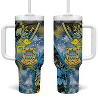 Personalised Tuvalu Tumbler With Handle Dolphin On The Waves DT05 One Size: 40 oz Blue - Polynesian Pride