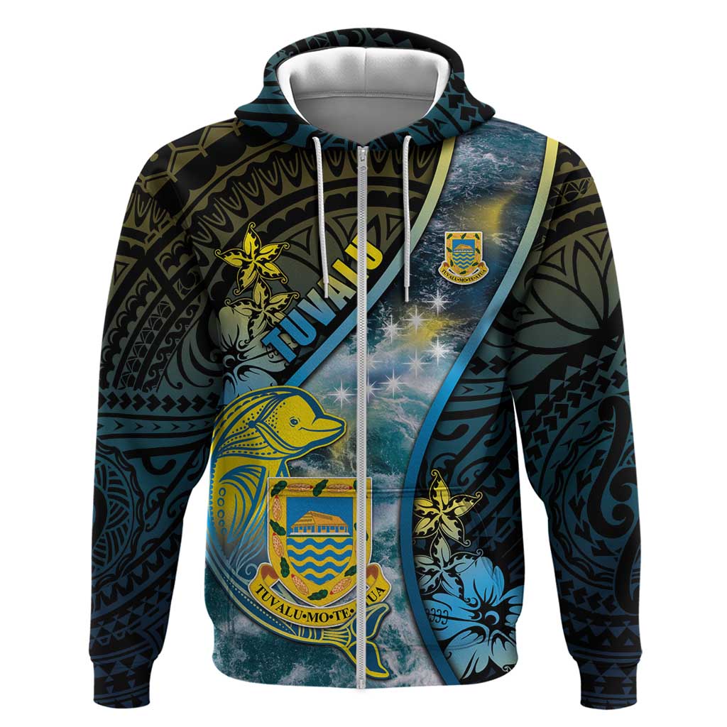 Personalised Tuvalu Zip Hoodie Dolphin On The Waves DT05 Zip Hoodie Blue - Polynesian Pride