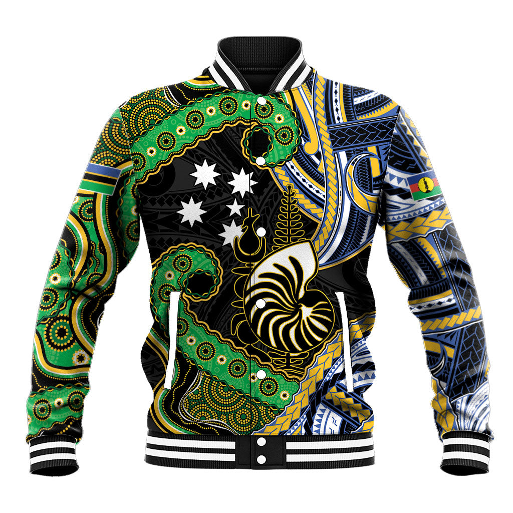 South Sea Islanders And New Caledonia Baseball Jacket Nautilus Shell Southern Cross Tribal Pattern DT05 Unisex Black - Polynesian Pride