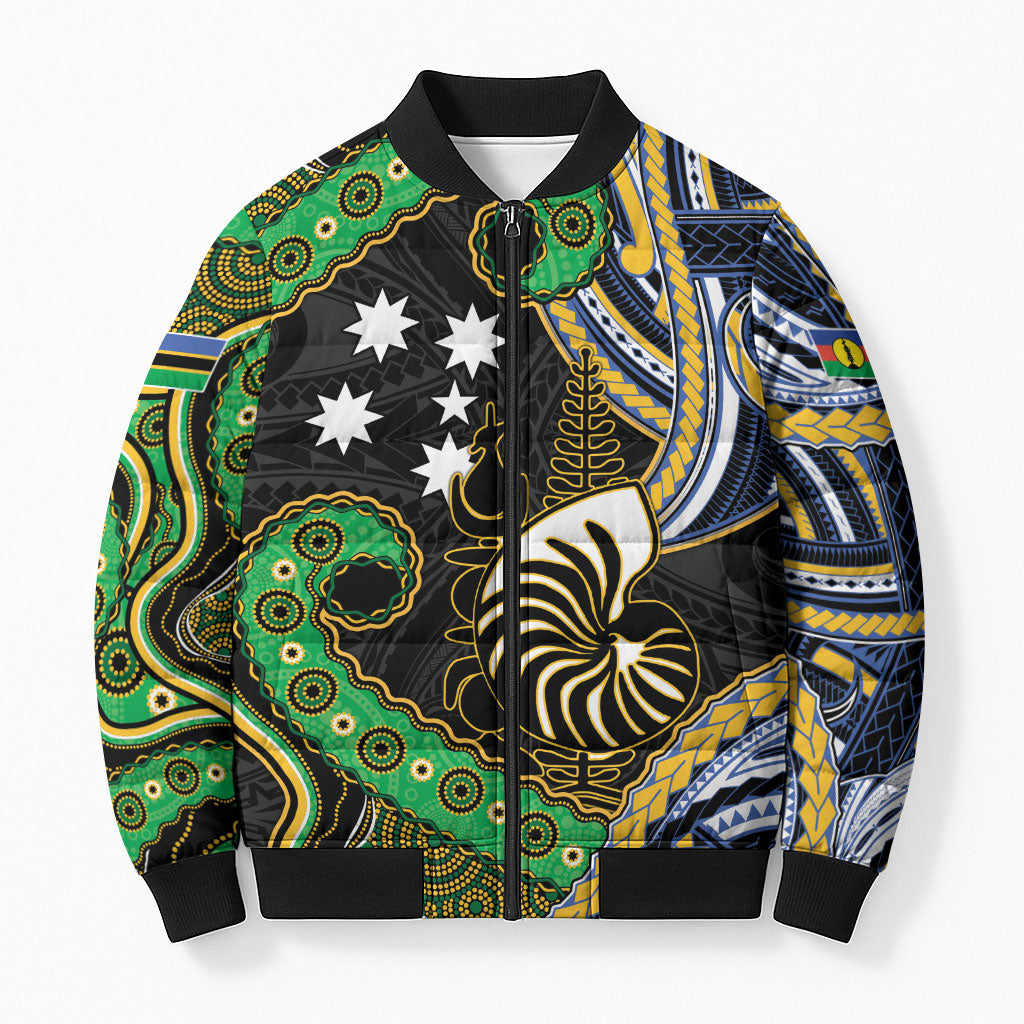 South Sea Islanders And New Caledonia Bomber Puffer Jacket Nautilus Shell Southern Cross Tribal Pattern DT05 Unisex Black - Polynesian Pride