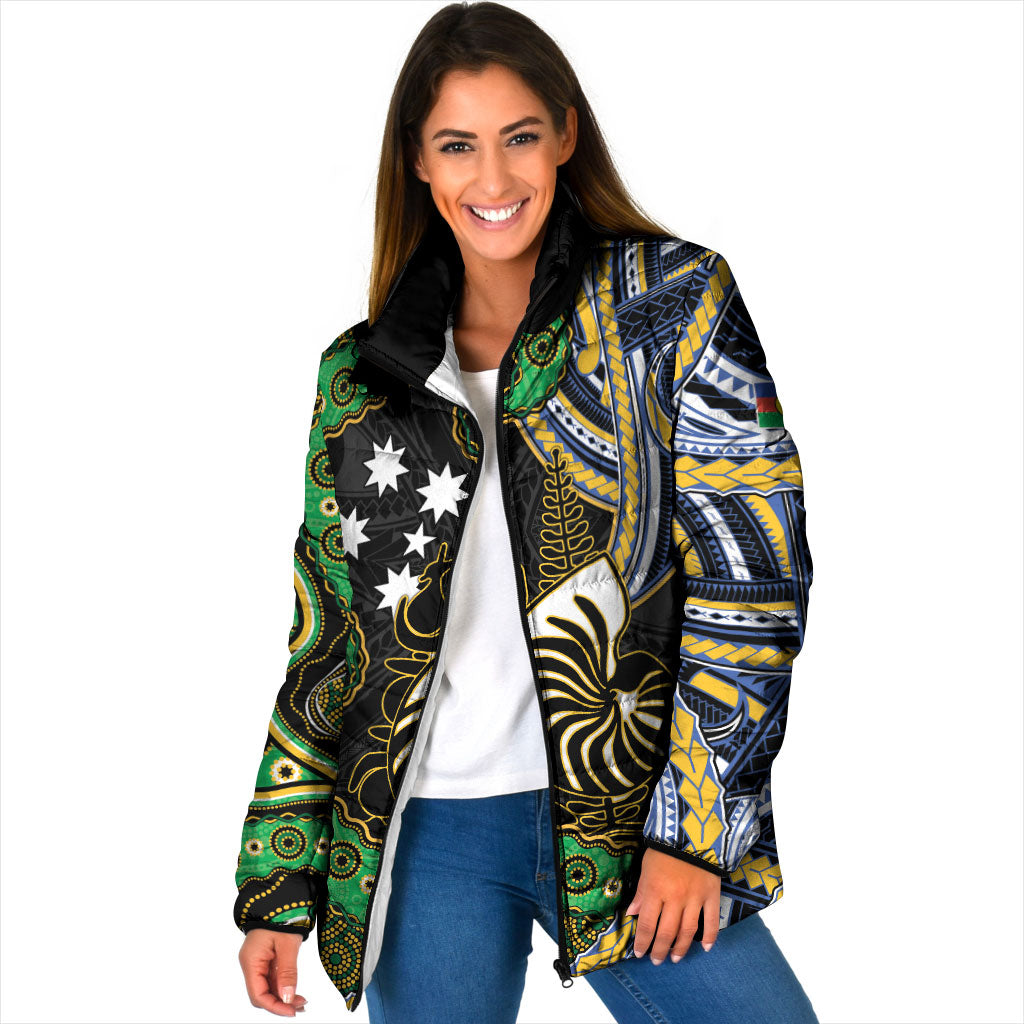 South Sea Islanders And New Caledonia Padded Jacket Nautilus Shell Southern Cross Tribal Pattern DT05 Women Black - Polynesian Pride