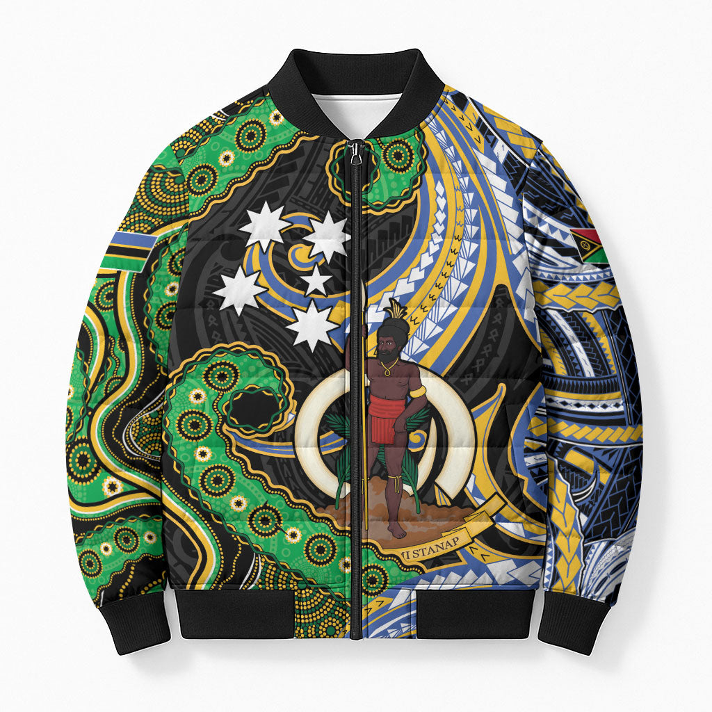 South Sea Islanders And Vanuatu Bomber Puffer Jacket Boar Tusk Warrior Southern Tribal Pattern DT05 Unisex Black - Polynesian Pride