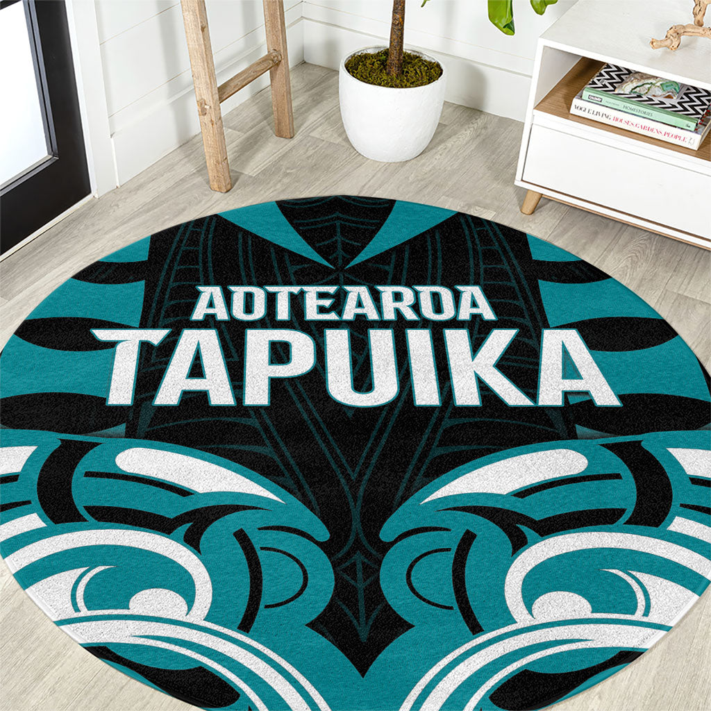 Aotearoa Tapuika Round Carpet New Zealand Traditional Maori Pattern DT05 Teal - Polynesian Pride