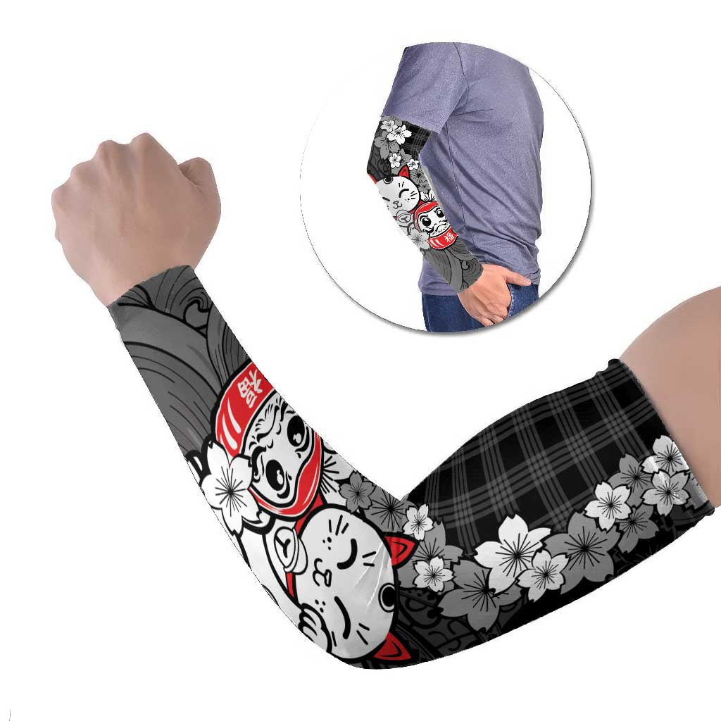 Black Palaka Hawaiian And Japanese Arm Sleeves Maneki Neko And Sakura Bloom DT05 Set of 2 Black - Polynesian Pride
