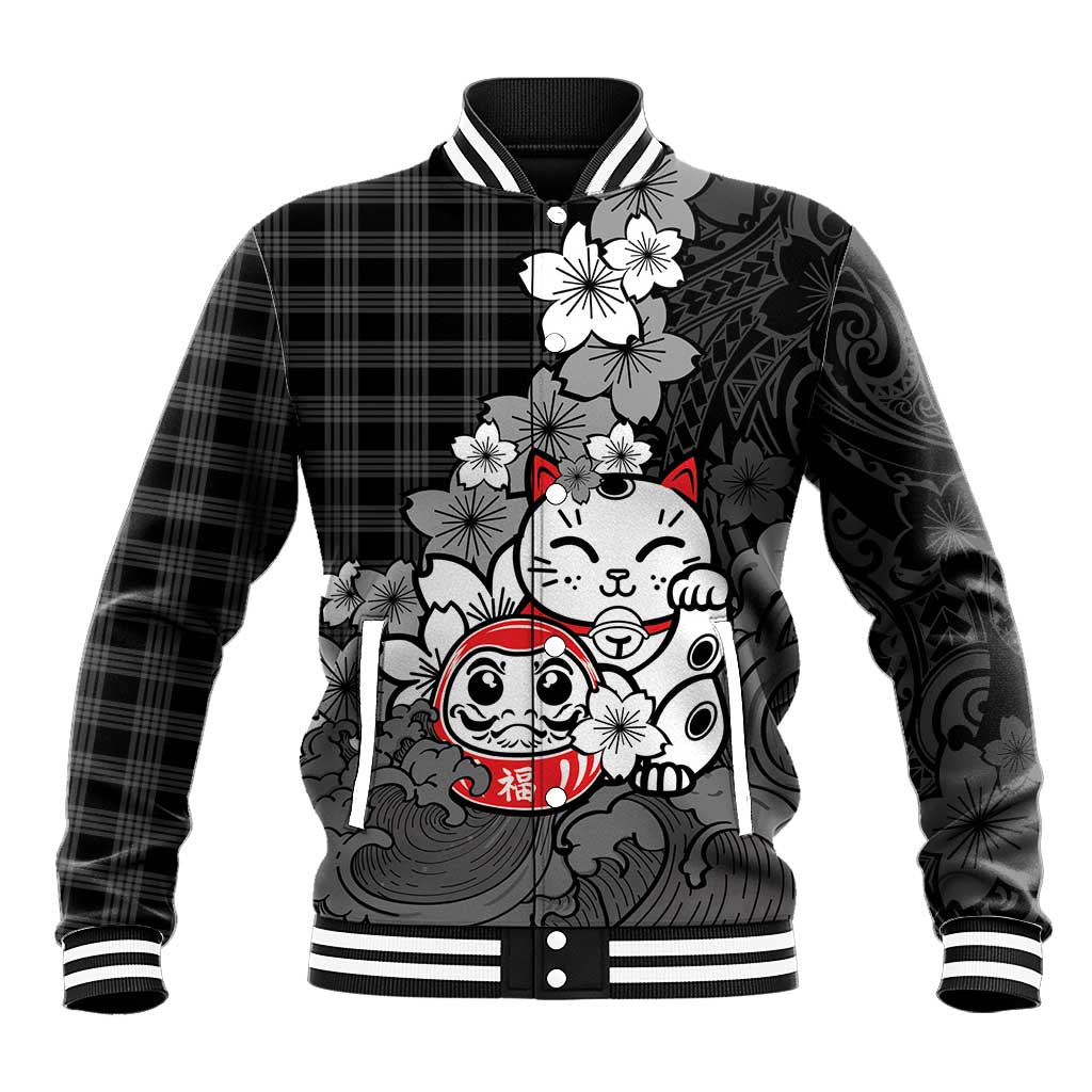 Black Palaka Hawaiian And Japanese Baseball Jacket Maneki Neko And Sakura Bloom DT05 Unisex Black - Polynesian Pride