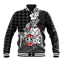 Black Palaka Hawaiian And Japanese Baseball Jacket Maneki Neko And Sakura Bloom DT05 Unisex Black - Polynesian Pride