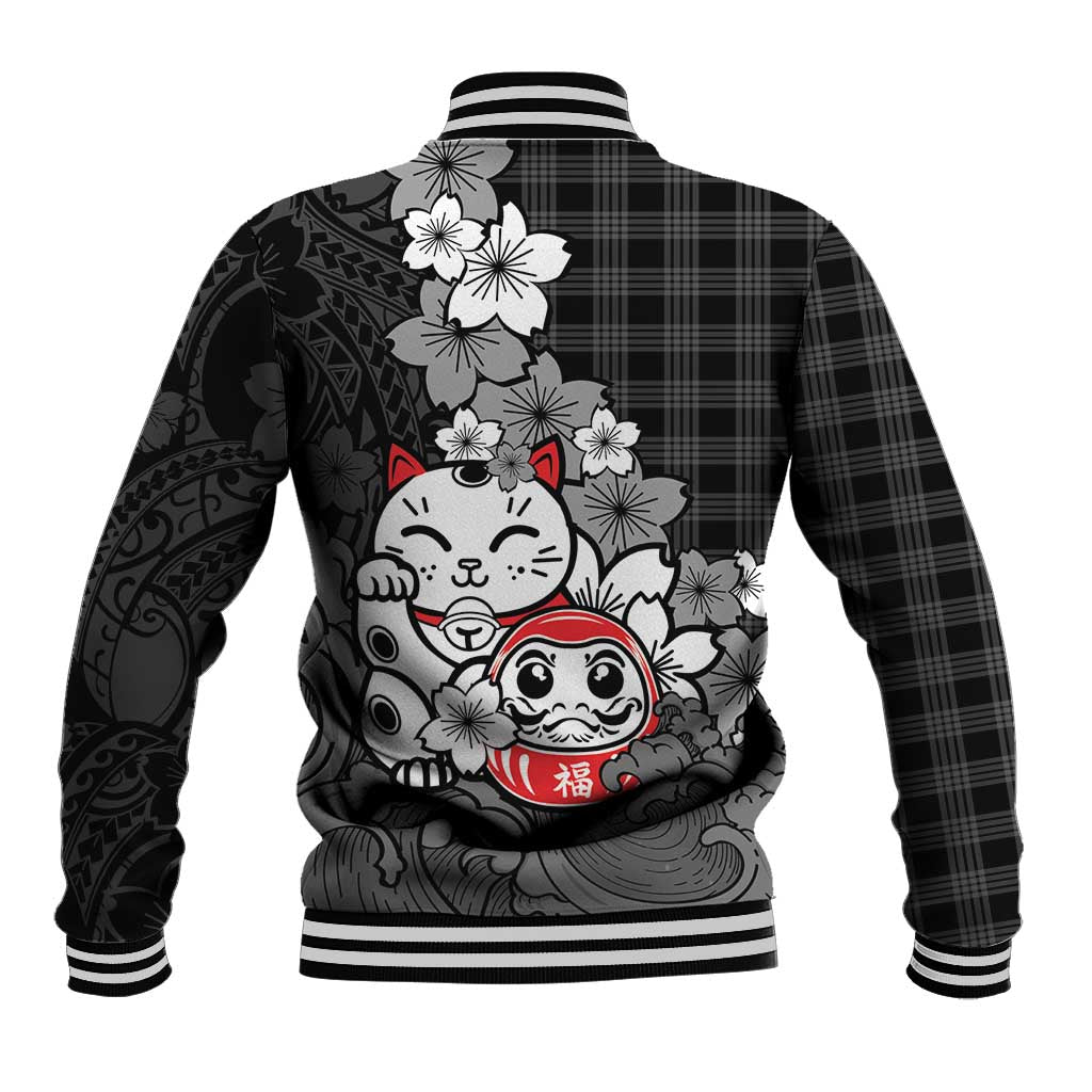Black Palaka Hawaiian And Japanese Baseball Jacket Maneki Neko And Sakura Bloom DT05 - Polynesian Pride