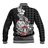 Black Palaka Hawaiian And Japanese Baseball Jacket Maneki Neko And Sakura Bloom DT05 - Polynesian Pride