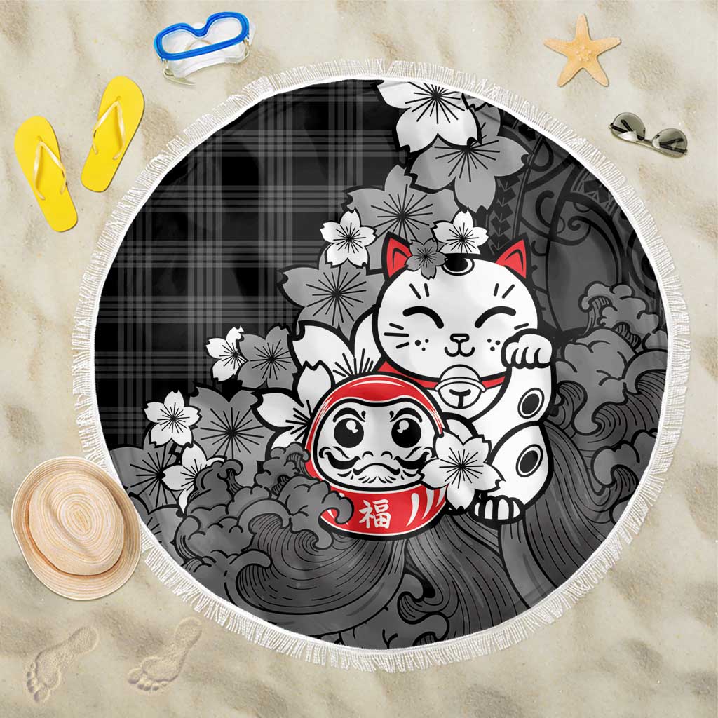 Black Palaka Hawaiian And Japanese Beach Blanket Maneki Neko And Sakura Bloom DT05 One Size 150cm Black - Polynesian Pride