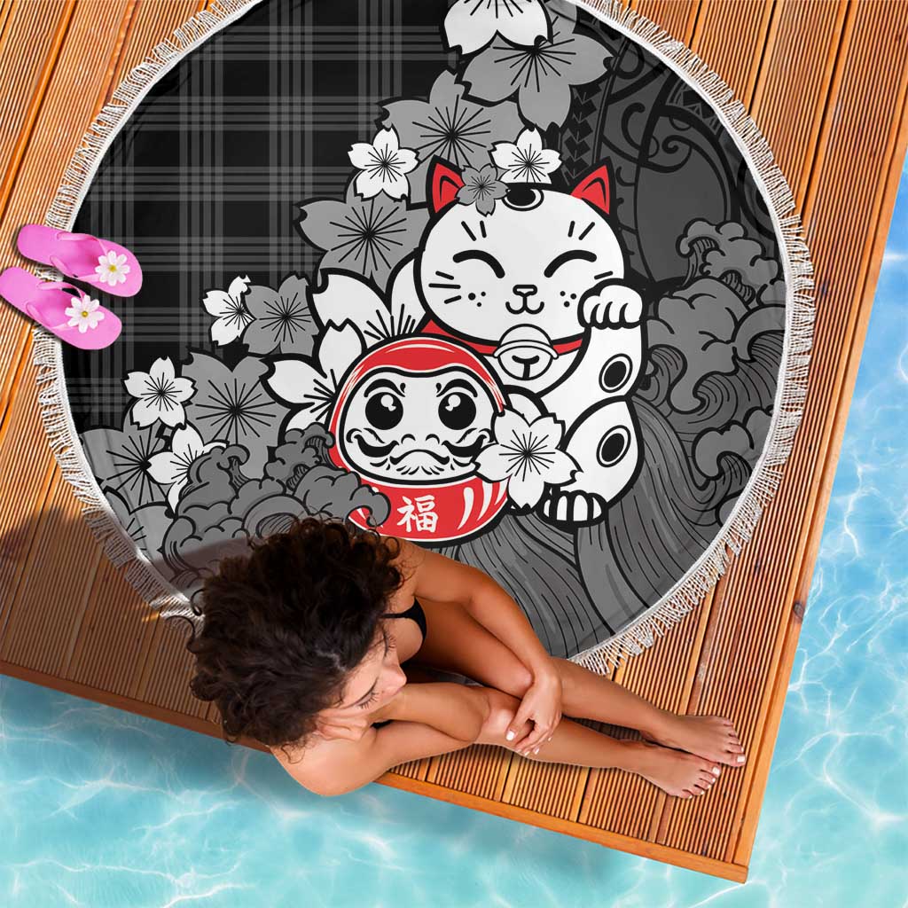 Black Palaka Hawaiian And Japanese Beach Blanket Maneki Neko And Sakura Bloom DT05 - Polynesian Pride