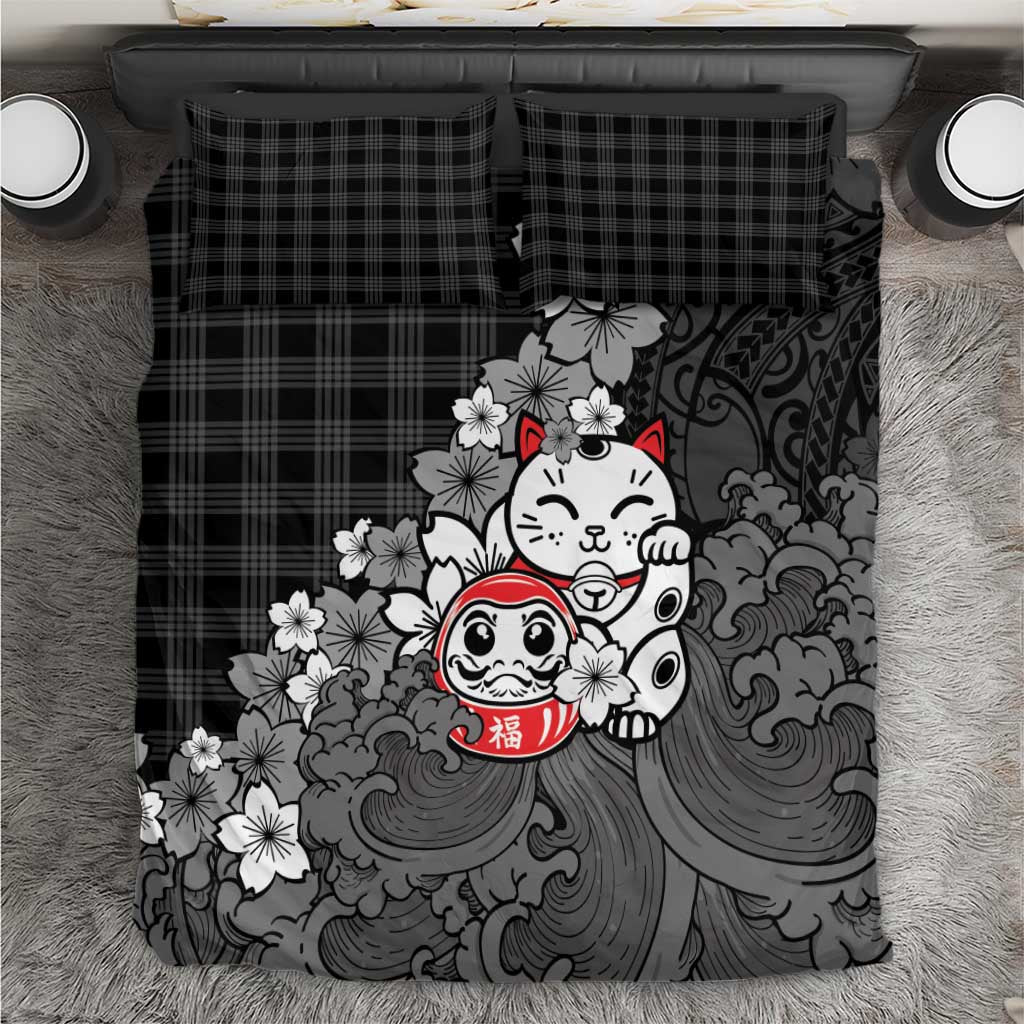 Black Palaka Hawaiian And Japanese Bedding Set Maneki Neko And Sakura Bloom DT05 Black - Polynesian Pride