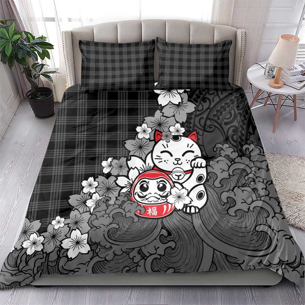 Black Palaka Hawaiian And Japanese Bedding Set Maneki Neko And Sakura Bloom DT05 - Polynesian Pride