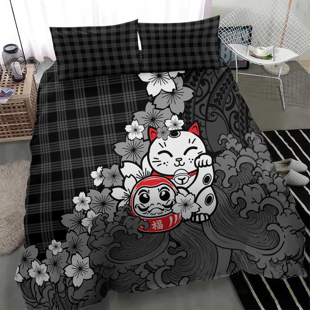 Black Palaka Hawaiian And Japanese Bedding Set Maneki Neko And Sakura Bloom DT05 - Polynesian Pride