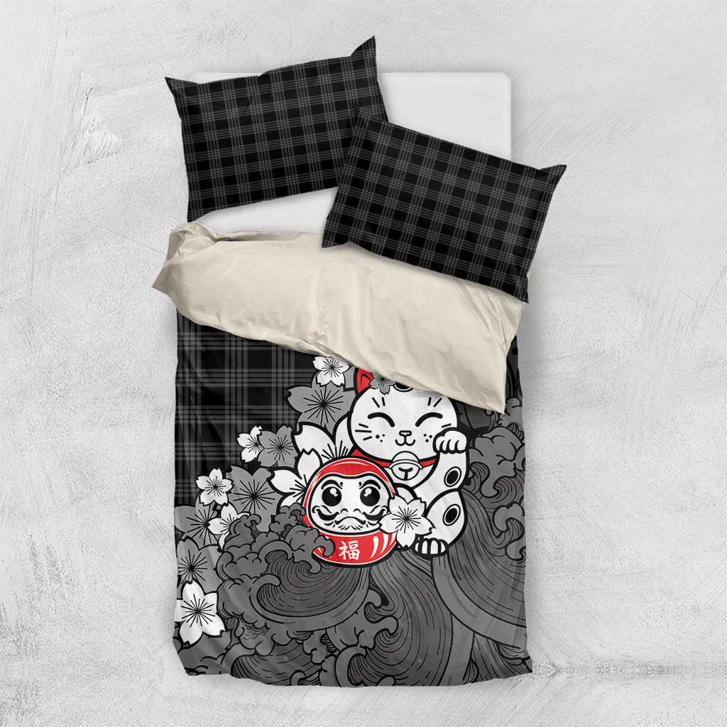 Black Palaka Hawaiian And Japanese Bedding Set Maneki Neko And Sakura Bloom DT05 US Twin 172cm x 218cm Black - Polynesian Pride
