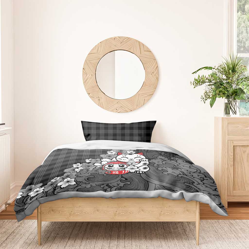 Black Palaka Hawaiian And Japanese Bedding Set Maneki Neko And Sakura Bloom DT05 - Polynesian Pride