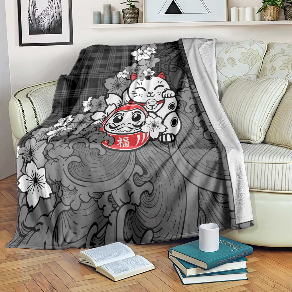 Black Palaka Hawaiian And Japanese Blanket Maneki Neko And Sakura Bloom DT05 Black - Polynesian Pride