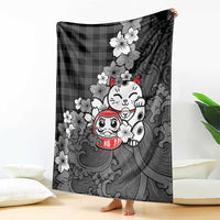 Black Palaka Hawaiian And Japanese Blanket Maneki Neko And Sakura Bloom DT05 - Polynesian Pride