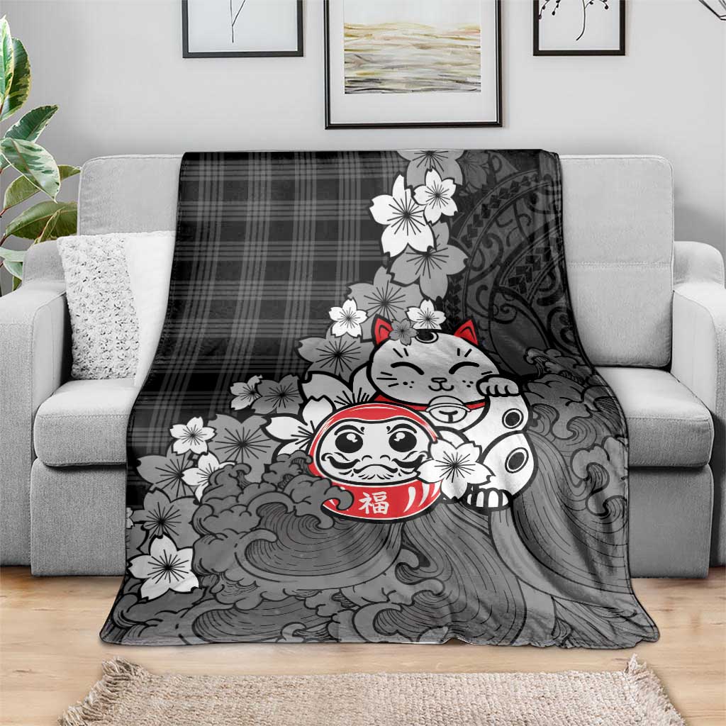 Black Palaka Hawaiian And Japanese Blanket Maneki Neko And Sakura Bloom DT05 - Polynesian Pride