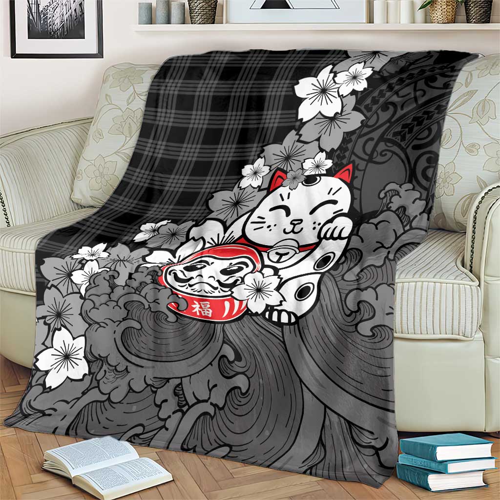 Black Palaka Hawaiian And Japanese Blanket Maneki Neko And Sakura Bloom DT05 - Polynesian Pride