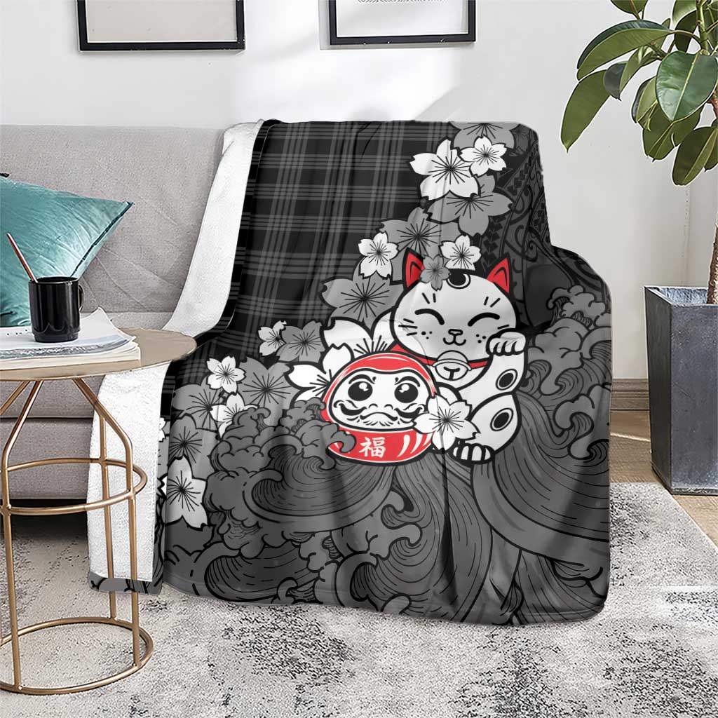 Black Palaka Hawaiian And Japanese Blanket Maneki Neko And Sakura Bloom DT05 - Polynesian Pride