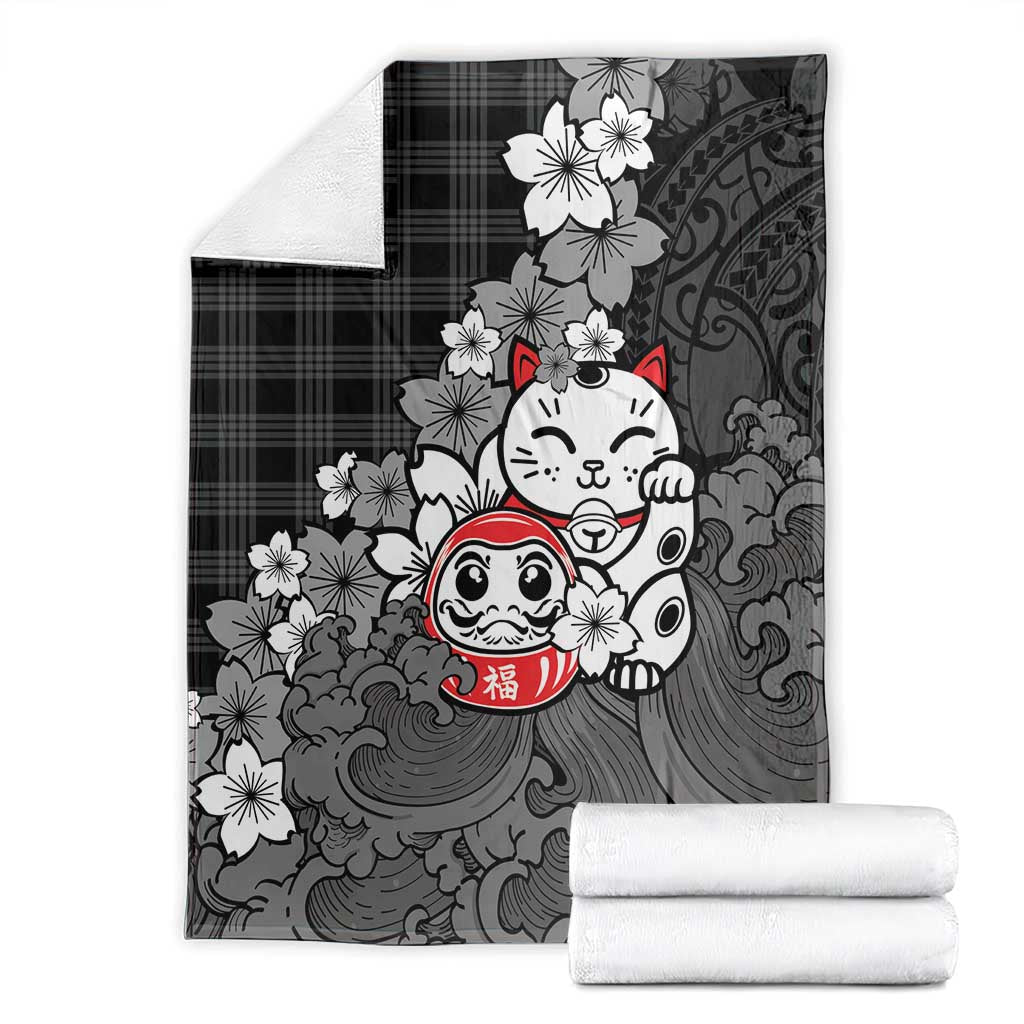 Black Palaka Hawaiian And Japanese Blanket Maneki Neko And Sakura Bloom DT05 - Polynesian Pride