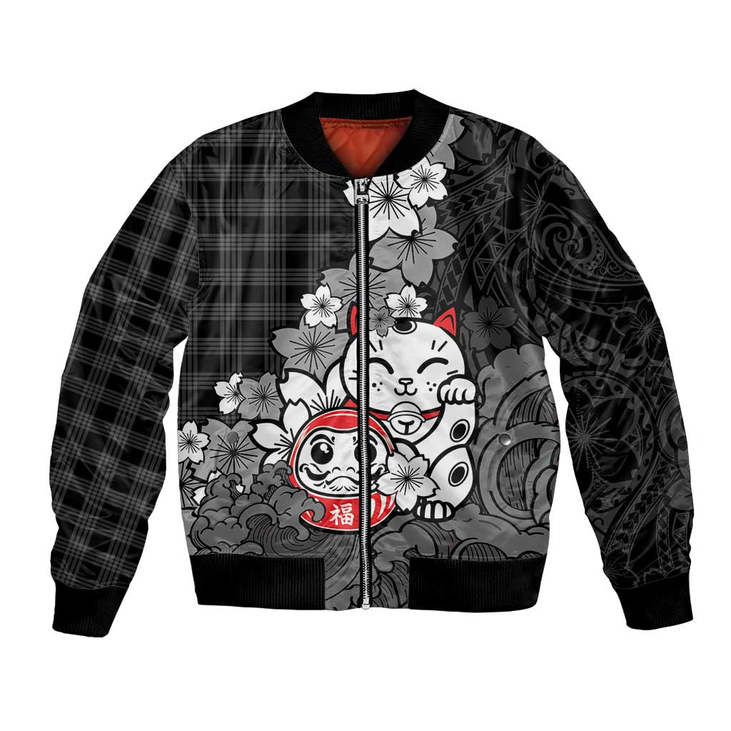Black Palaka Hawaiian And Japanese Bomber Jacket Maneki Neko And Sakura Bloom DT05 Unisex Black - Polynesian Pride