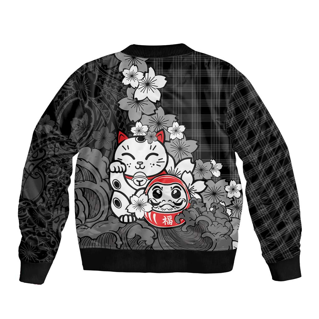 Black Palaka Hawaiian And Japanese Bomber Jacket Maneki Neko And Sakura Bloom DT05 - Polynesian Pride