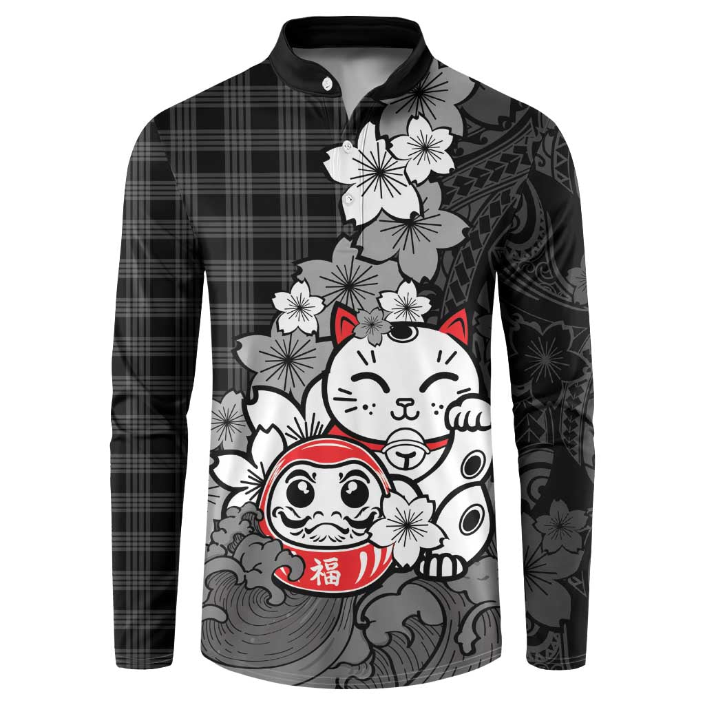 Black Palaka Hawaiian And Japanese Button Sweatshirt Maneki Neko And Sakura Bloom DT05 Black - Polynesian Pride