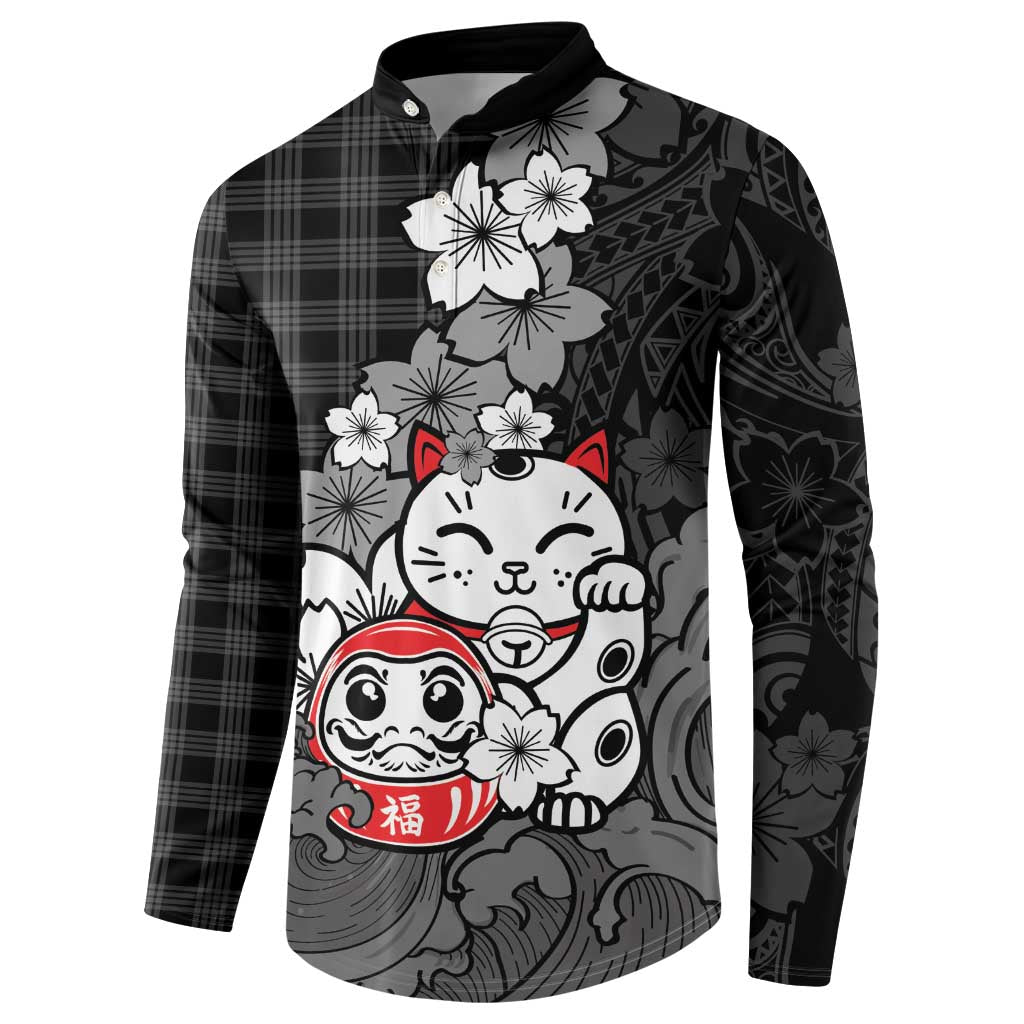 Black Palaka Hawaiian And Japanese Button Sweatshirt Maneki Neko And Sakura Bloom DT05 - Polynesian Pride