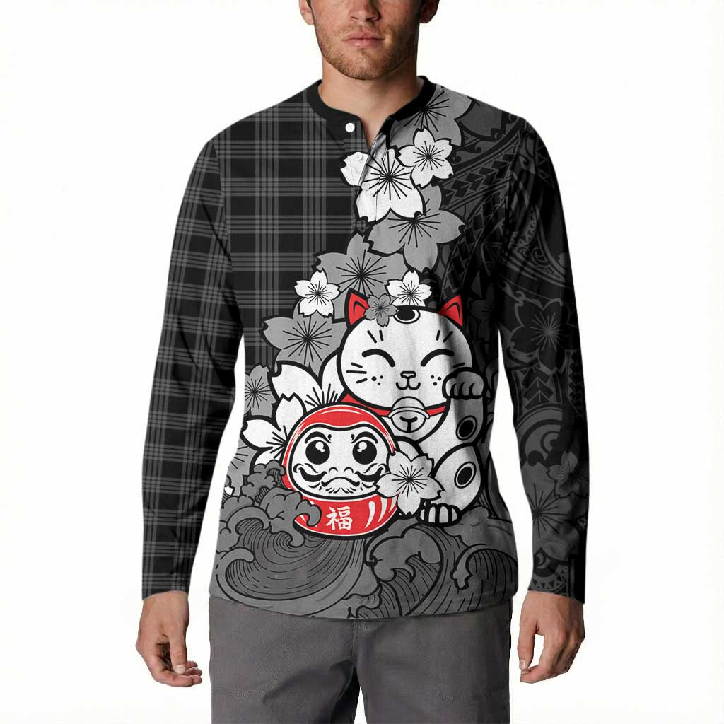 Black Palaka Hawaiian And Japanese Button Sweatshirt Maneki Neko And Sakura Bloom DT05 - Polynesian Pride