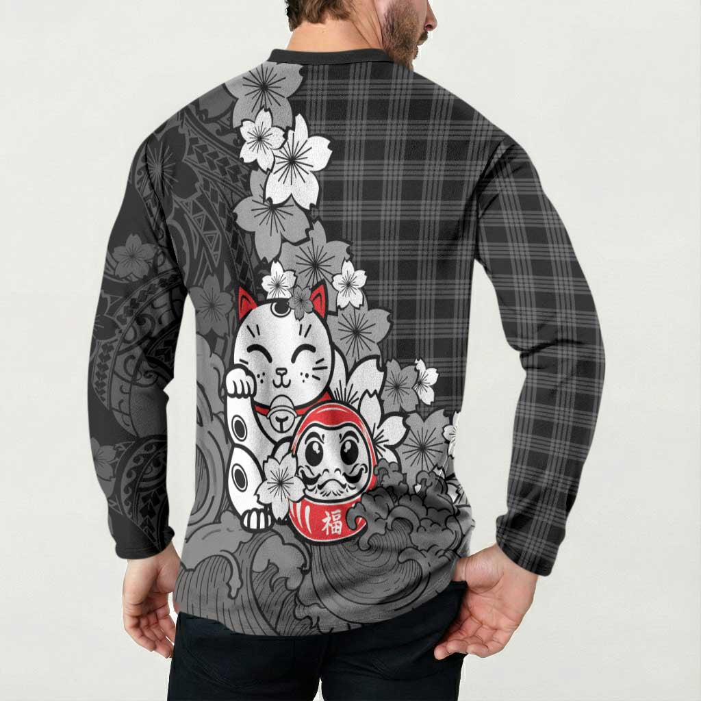 Black Palaka Hawaiian And Japanese Button Sweatshirt Maneki Neko And Sakura Bloom DT05 - Polynesian Pride