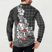 Black Palaka Hawaiian And Japanese Button Sweatshirt Maneki Neko And Sakura Bloom DT05 - Polynesian Pride