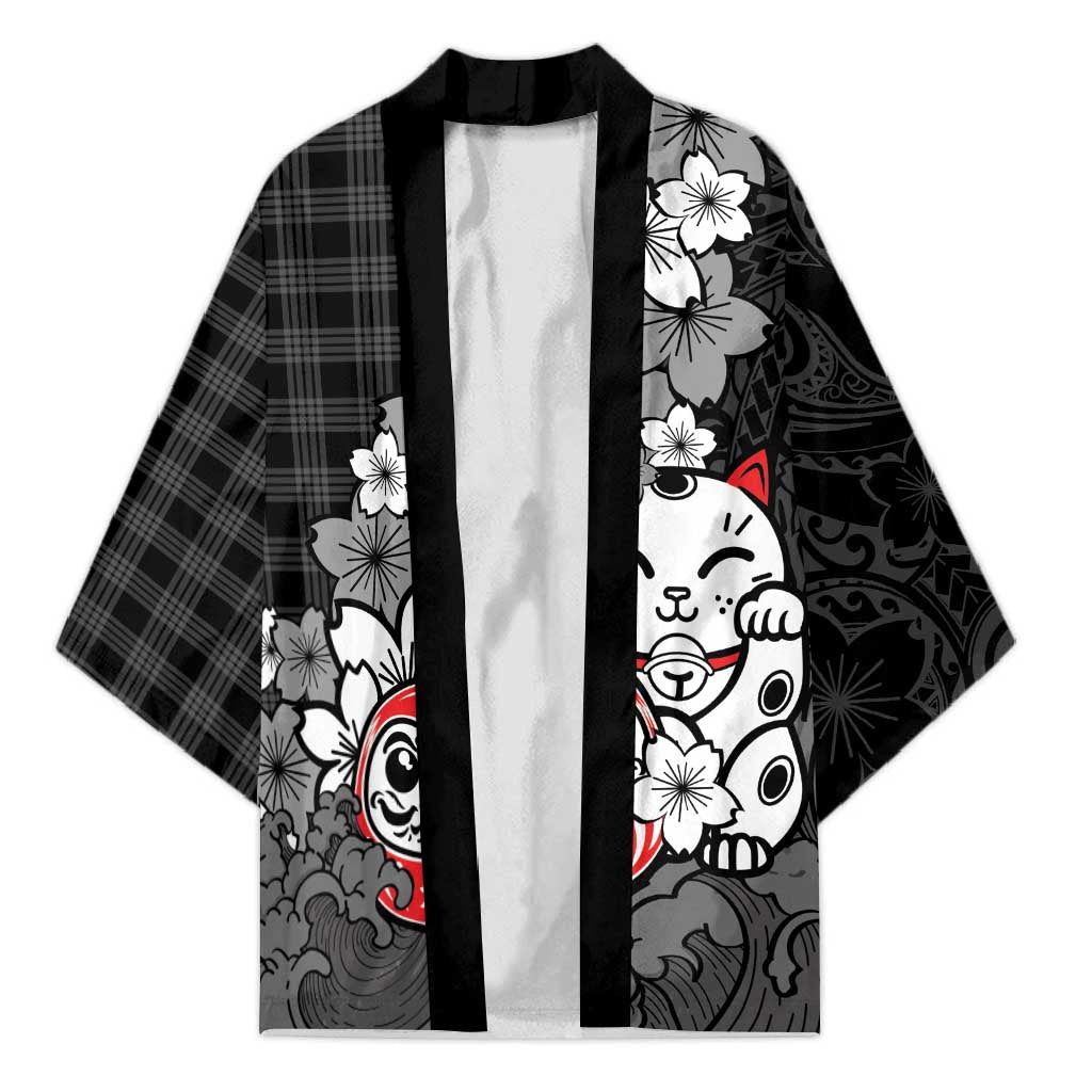 Black Palaka Hawaiian And Japanese Kimono Maneki Neko And Sakura Bloom DT05 Unisex Black - Polynesian Pride