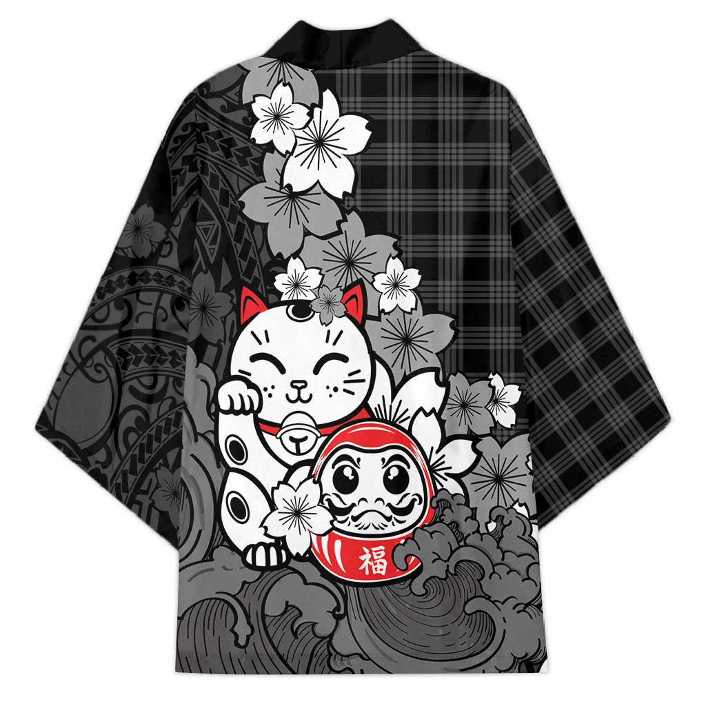 Black Palaka Hawaiian And Japanese Kimono Maneki Neko And Sakura Bloom DT05 - Polynesian Pride