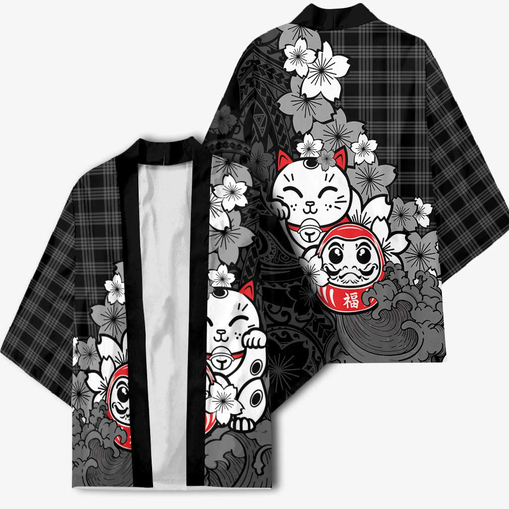 Black Palaka Hawaiian And Japanese Kimono Maneki Neko And Sakura Bloom DT05 - Polynesian Pride